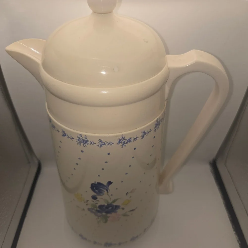 Vintage Nikko Ceramics Thermal Carafe Blue Floral Polka Dot Insulated Pitcher